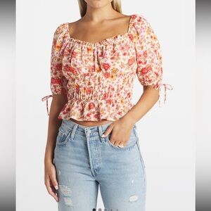 Women’s LUSH Jax Cropped Boho Floral Puff Sleeve Blouse Size Small